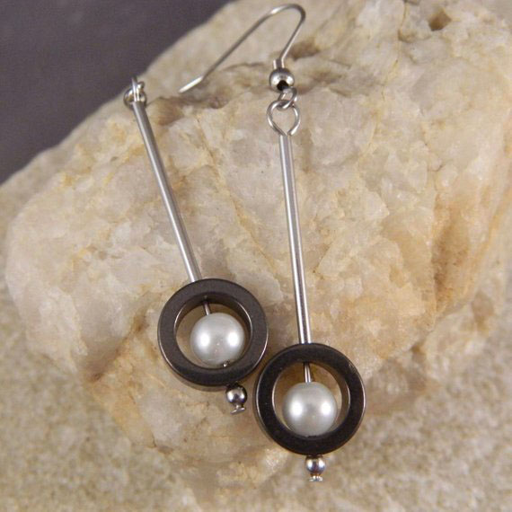 Hematite and Pearl Contemporary Earrings